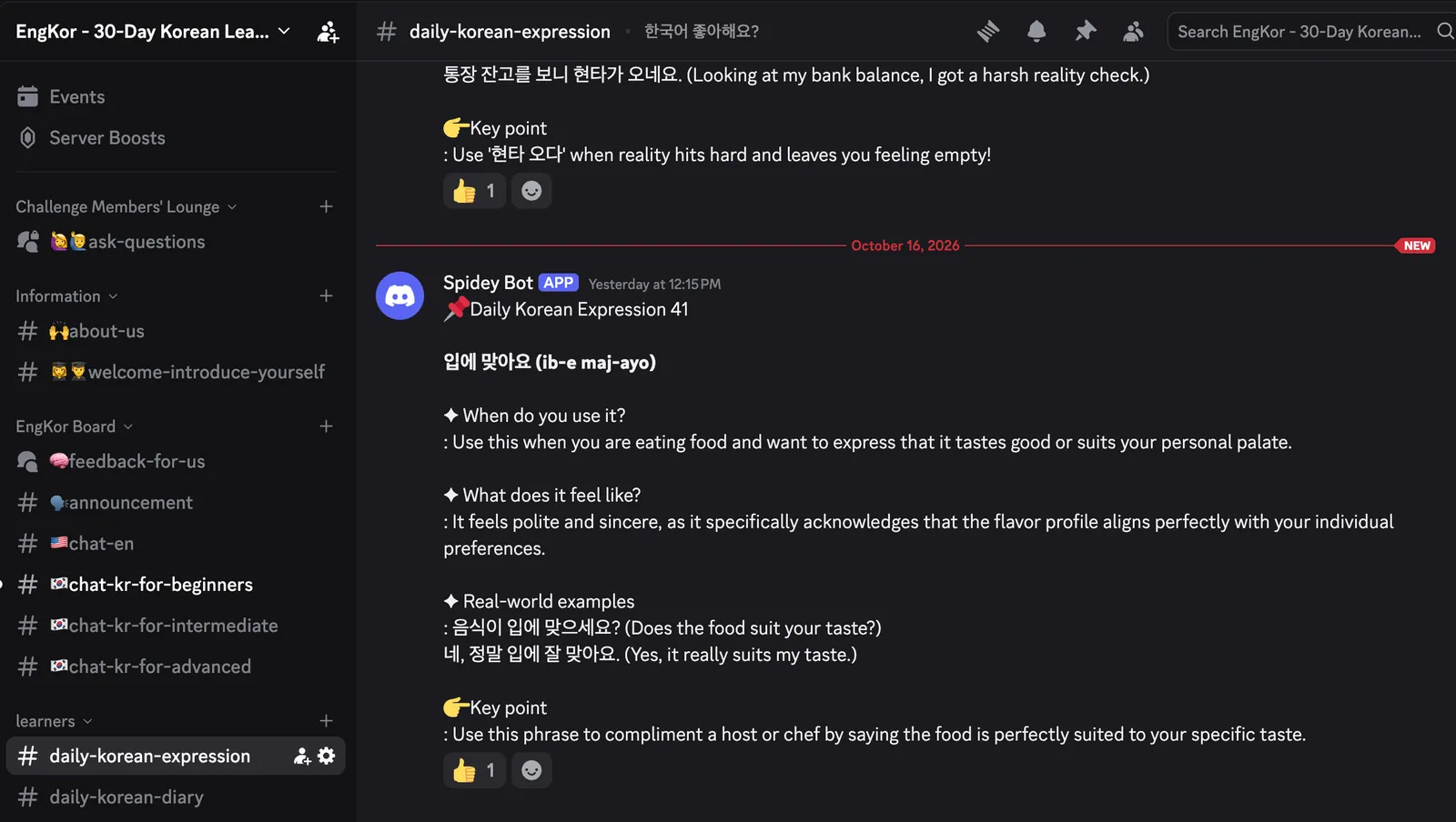 EngKor Discord server with Q&A, chat, and daily Korean expression channels